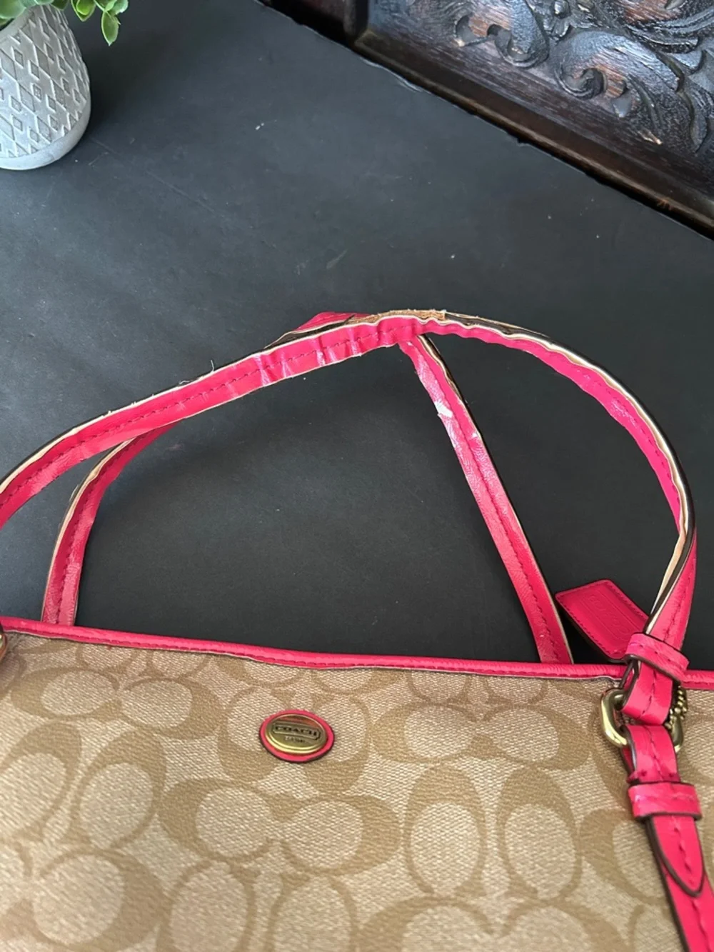 Coach Tan Signature Canvas Tote with Pink Trim and Handles